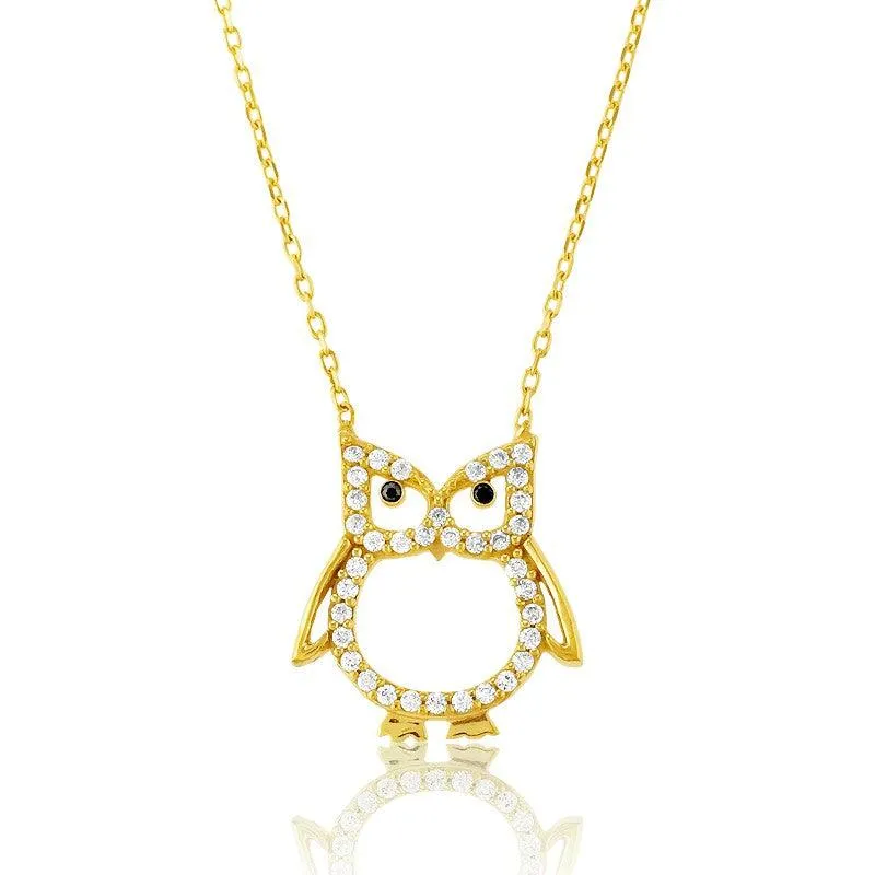 Sterling Silver Gold CZ Open Owl Necklace