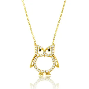 Sterling Silver Gold CZ Open Owl Necklace