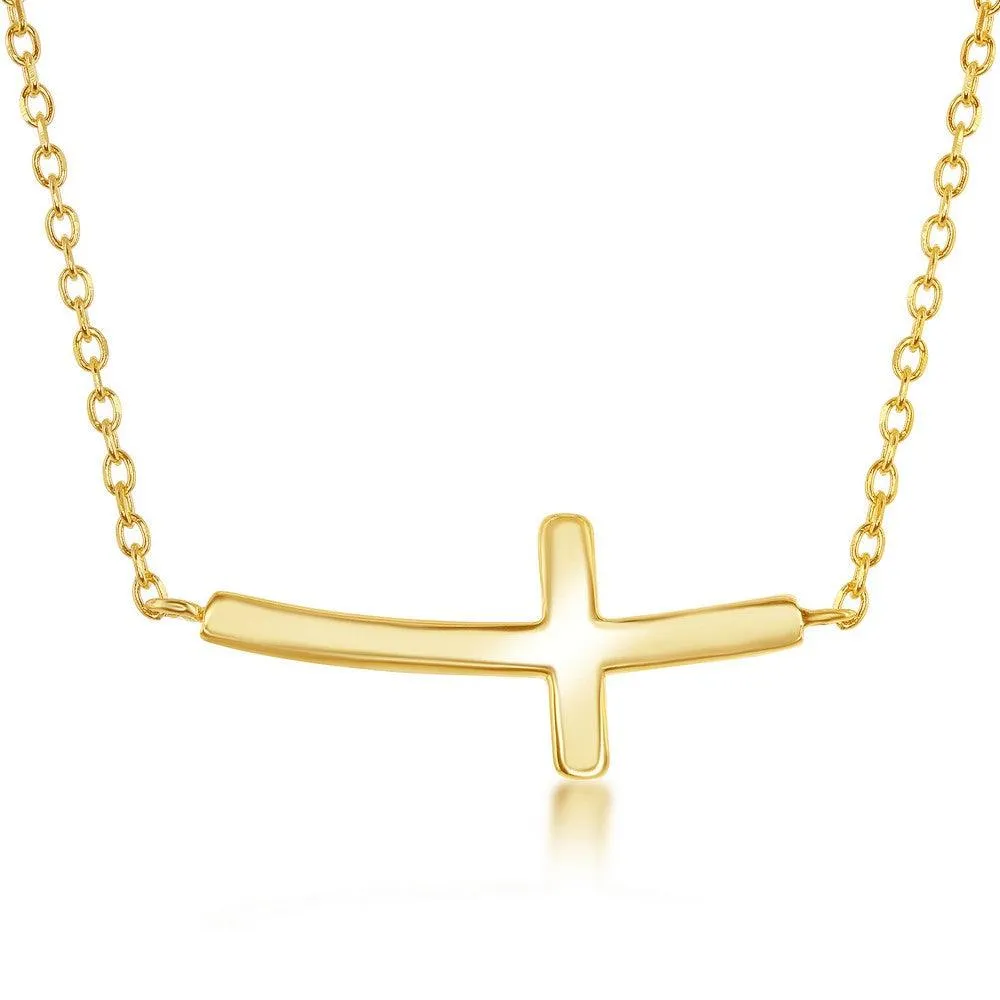 Sterling Silver Gold Plated Curved Sideways Cross Necklace