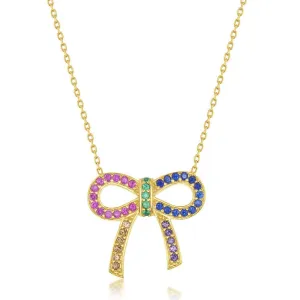 Sterling Silver Gold Plated Rainbow CZ Bowknot Necklace