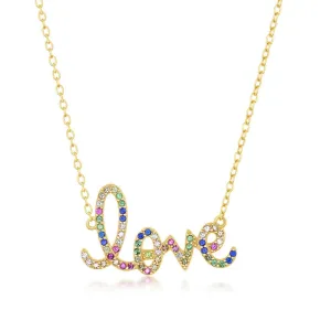 Sterling Silver Gold Plated Rainbow CZ 'Love' Necklace