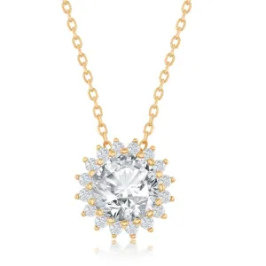 Sterling Silver Gold Plated Round Halo Flower CZ Necklace
