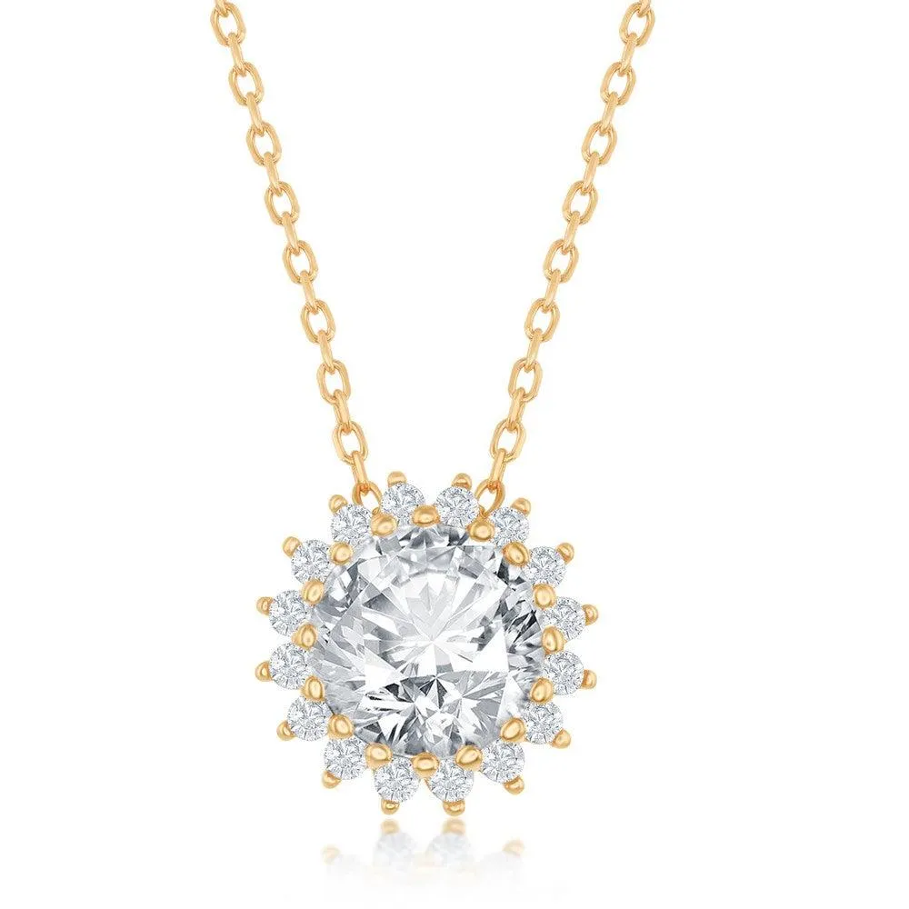 Sterling Silver Gold Plated Round Halo Flower CZ Necklace