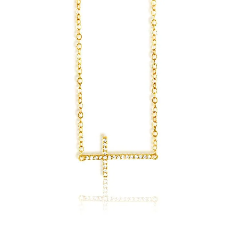 Sterling Silver Gold Sideways CZ Cross Necklace