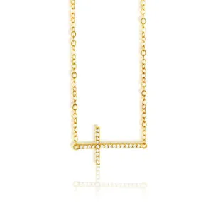 Sterling Silver Gold Sideways CZ Cross Necklace