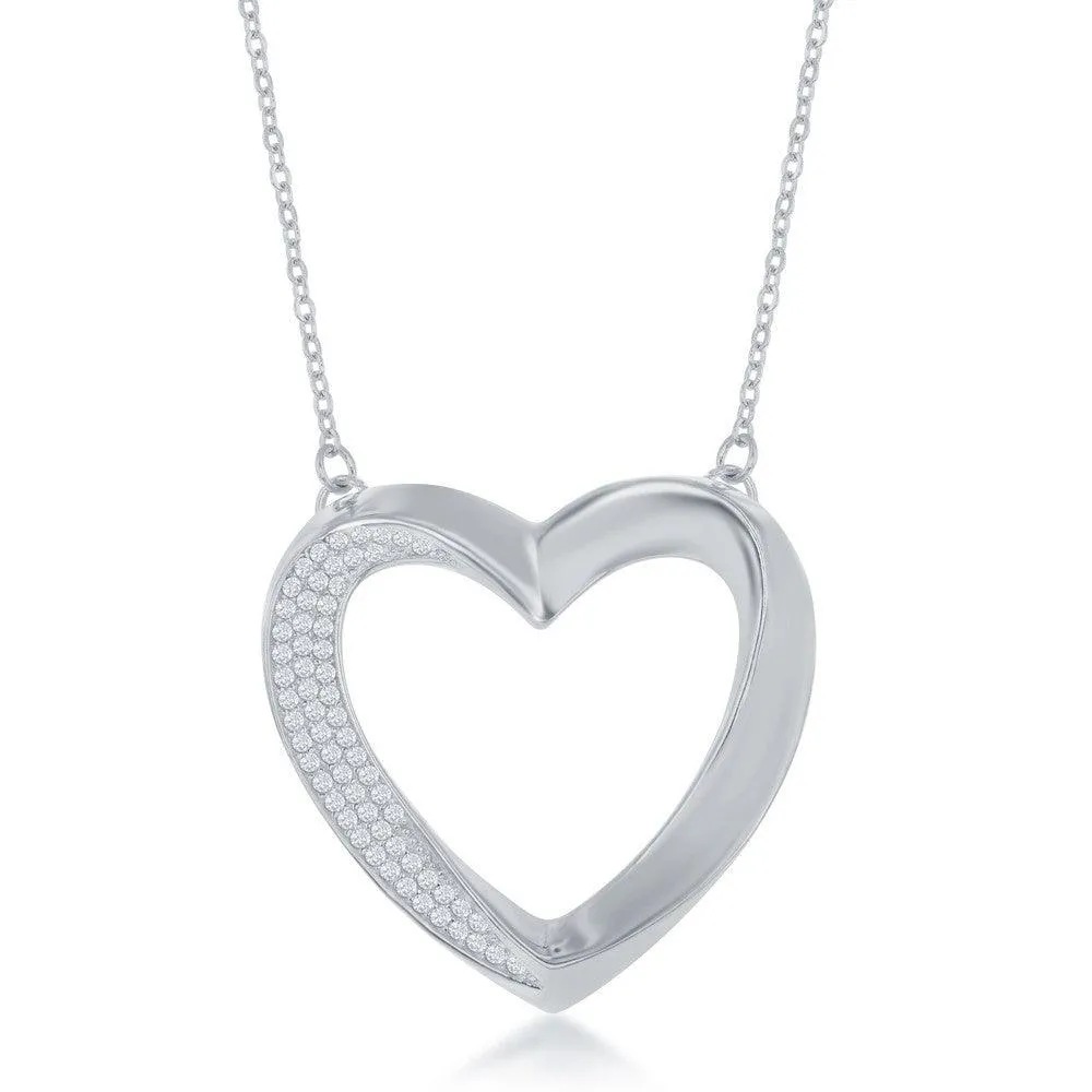 Sterling Silver Half Micro Pave Twisted Open Heart Necklace