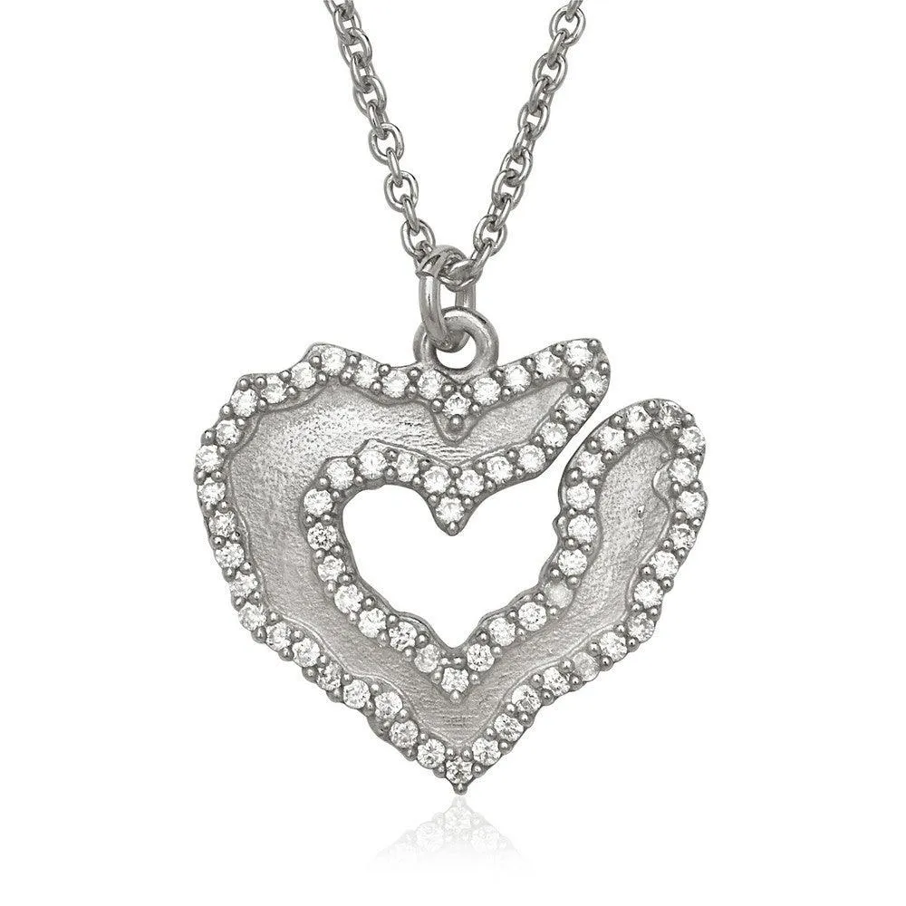 Sterling Silver Heart with CZ Border Necklace