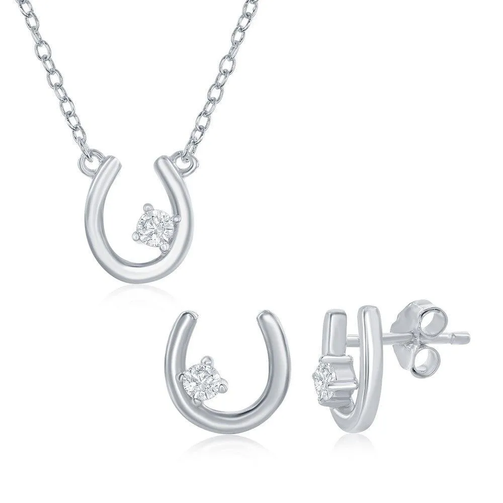 Sterling Silver Horseshoe with Single CZ Necklace & Earrings Set