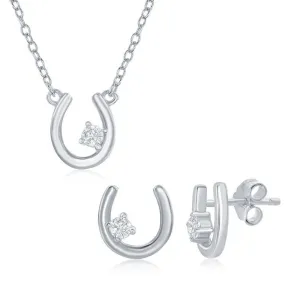 Sterling Silver Horseshoe with Single CZ Necklace & Earrings Set