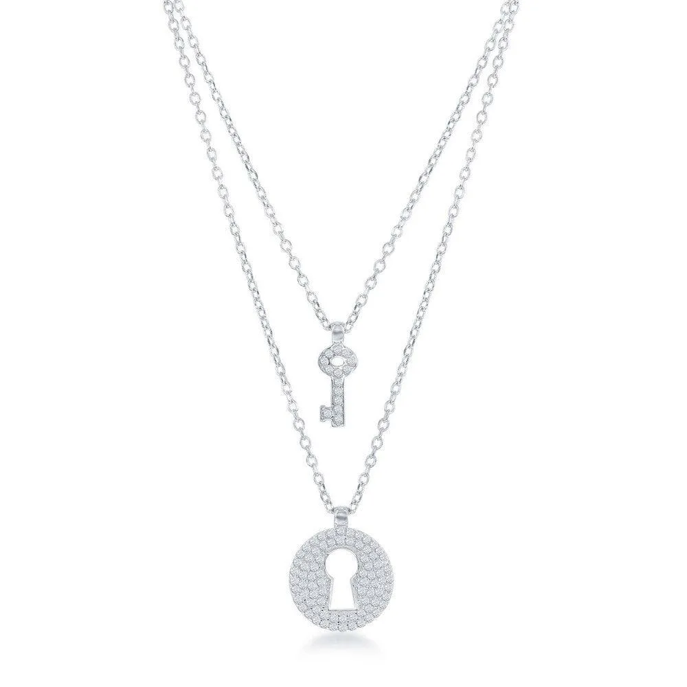 Sterling Silver Micro Pave Lock and Key Double Strand Necklace