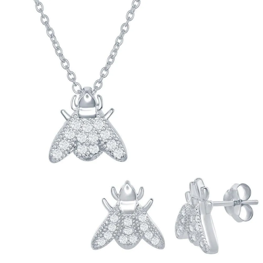 Sterling Silver Micro Pave Sliding Fly Necklace and Earrings Set