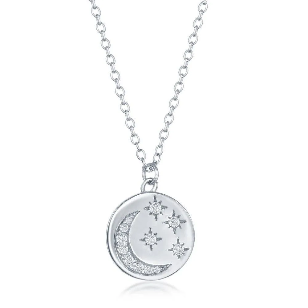Sterling Silver Moon and Stars Cubic Zirconia Necklace
