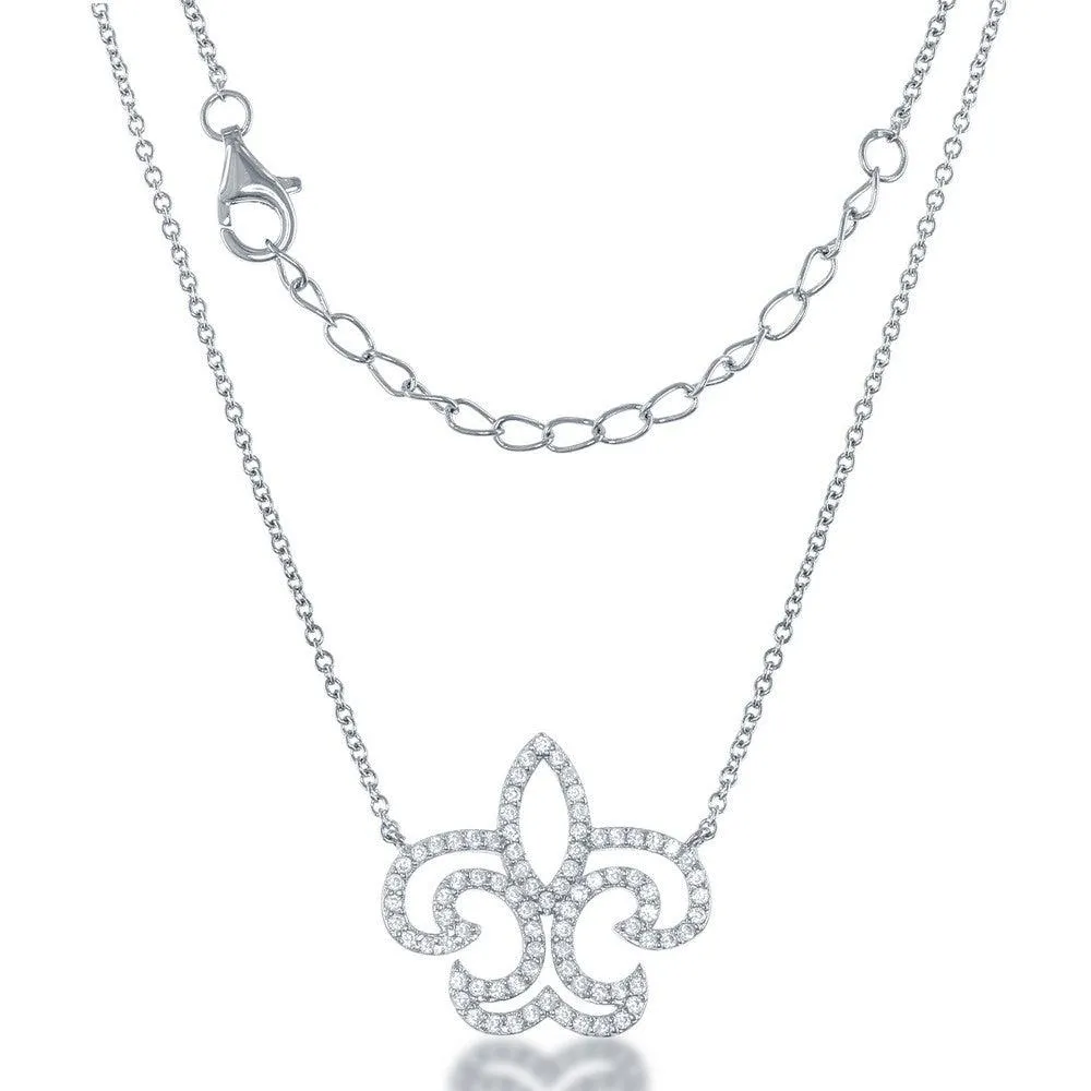 Sterling Silver Open CZ Fleur De Lis Necklace