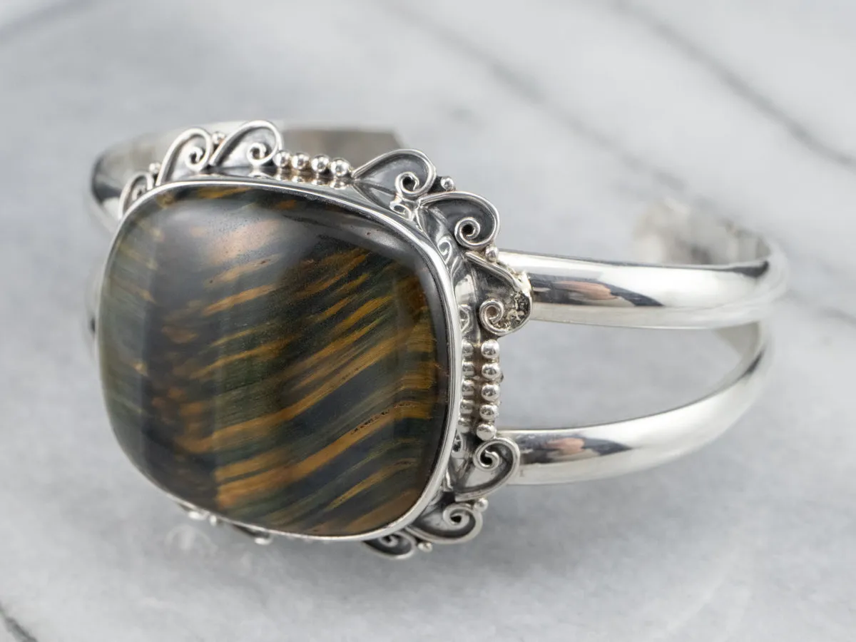 Sterling Silver Ornate Tigers Eye Cuff Bracelet