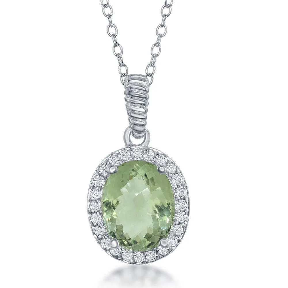 Sterling Silver Oval Green Amethyst with Topaz Border Necklace