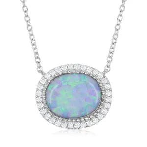 Sterling Silver Oval Opal with Cubic Zirconia Border Necklace