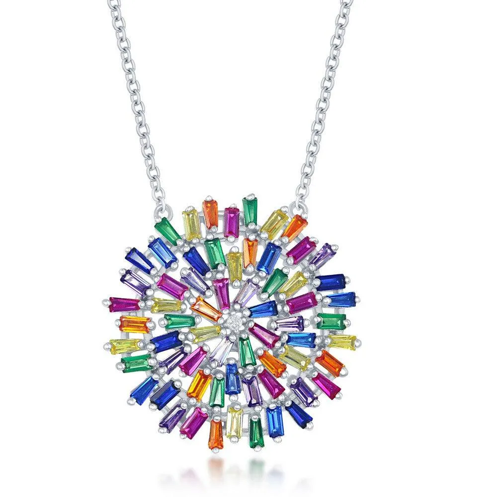 Sterling Silver Rainbow Baguette Cubic Zirconia Round Necklace