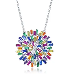 Sterling Silver Rainbow Baguette Cubic Zirconia Round Necklace