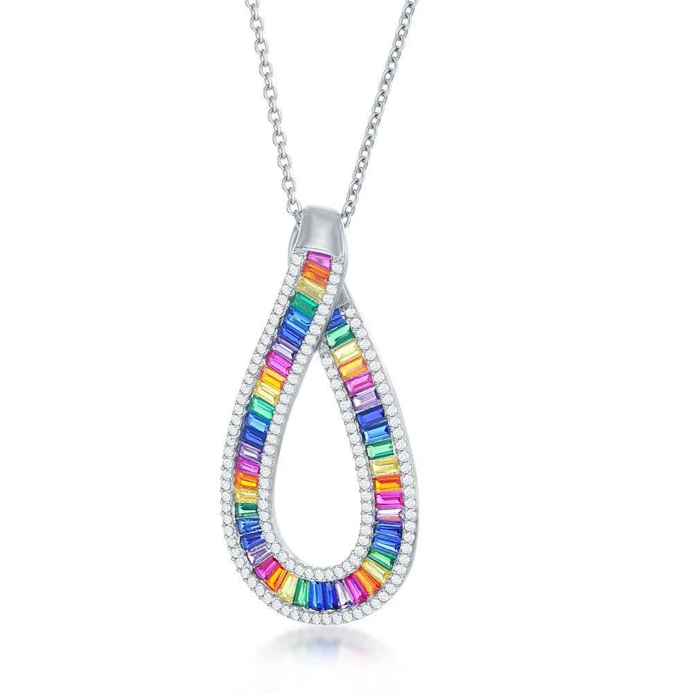 Sterling Silver Rainbow Baguette CZ Pear Shaped Necklace