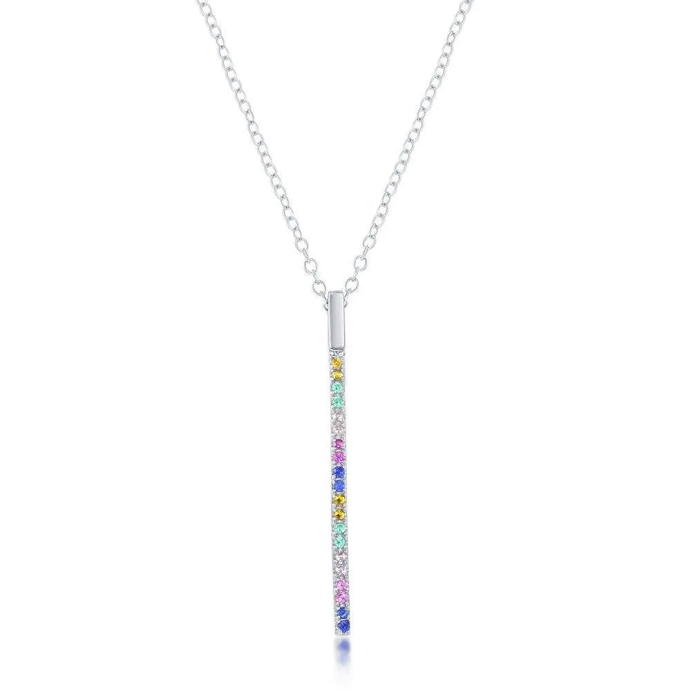 Sterling Silver Rainbow Cubic Zirconia Vertical Bar Necklace