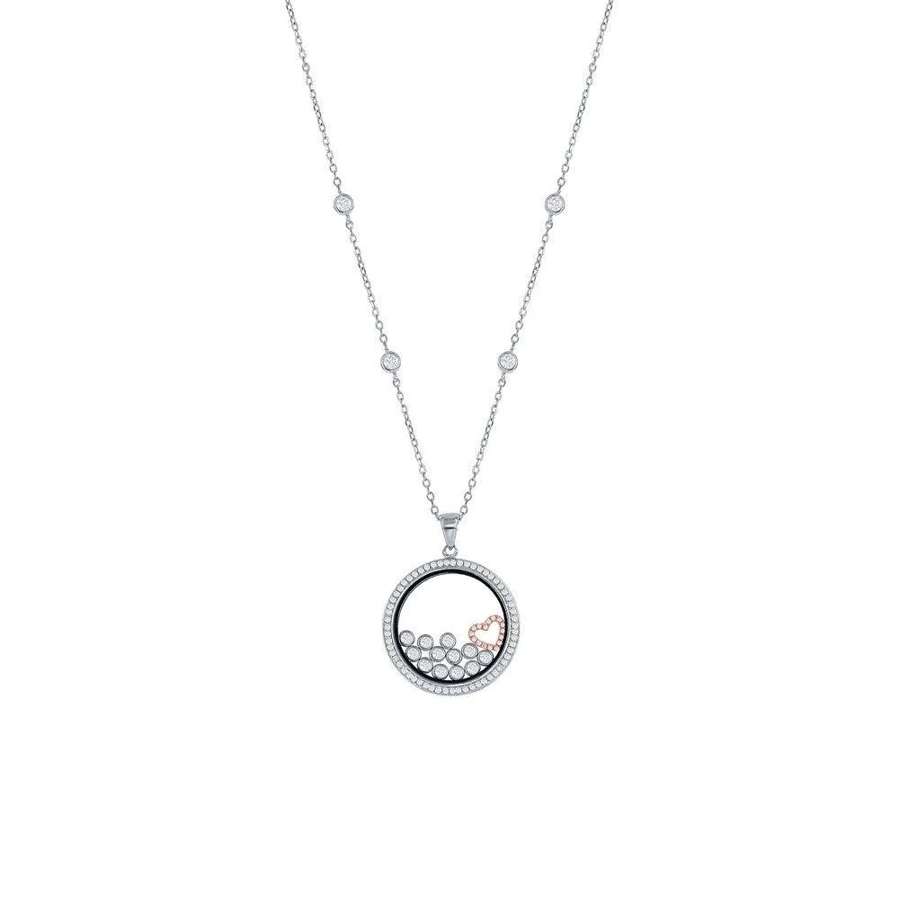 Sterling Silver RG Floating Heart & Round CZ's in a Disc Necklace
