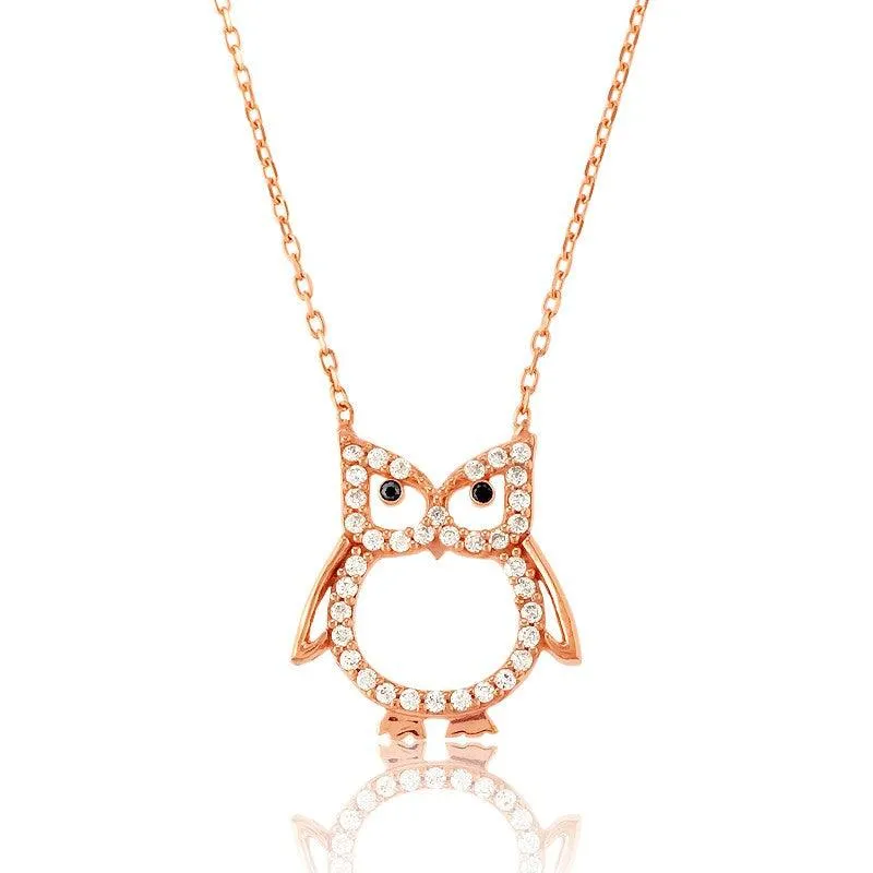Sterling Silver Rose Gold CZ Open Owl Necklace