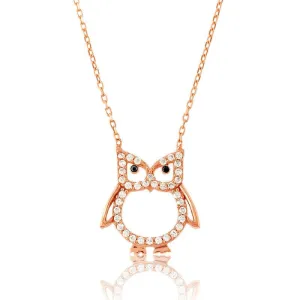 Sterling Silver Rose Gold CZ Open Owl Necklace
