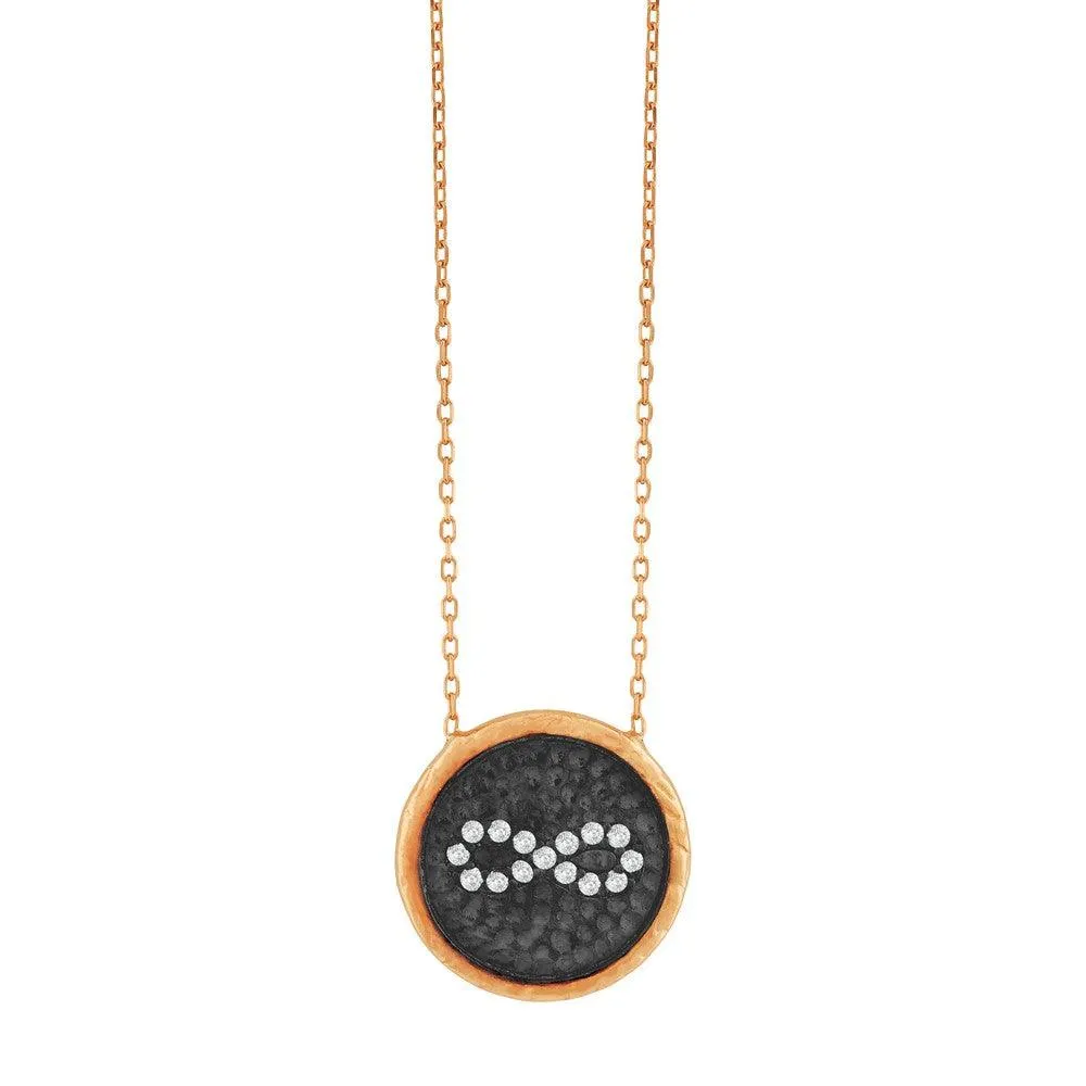 Sterling Silver Rose Gold Plated Black Disc CZ Infinity Necklace