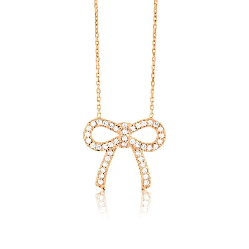 Sterling Silver Rose Gold Plated CZ Bow Necklace