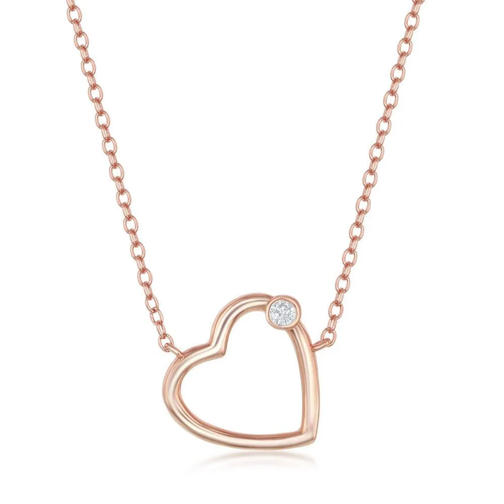 Sterling Silver Rose Gold Plated Heart with Single CZ Necklace
