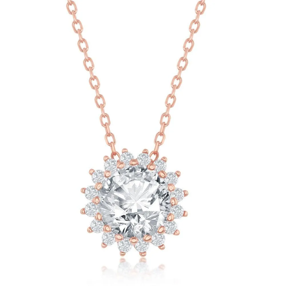 Sterling Silver Rose Gold Plated Round Halo Flower CZ Necklace