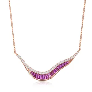 Sterling Silver Rose Gold Plated 'V' Baguette Ruby CZ Necklace