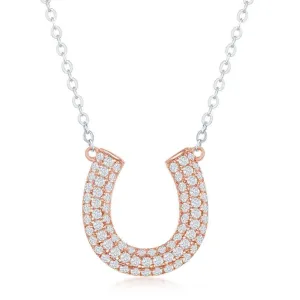 Sterling Silver Rose GP Micro Pave CZ Horseshoe Necklace