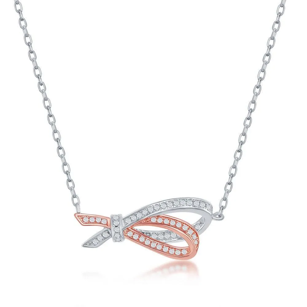 Sterling Silver Rose GP Micro Pave Double Ribbon Necklace