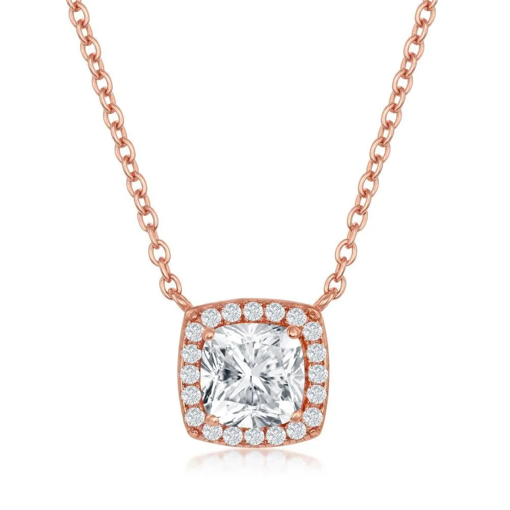 Sterling Silver Rose GP Princess-Cut with CZ Border Necklace