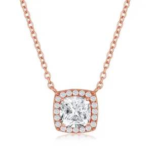 Sterling Silver Rose GP Princess-Cut with CZ Border Necklace