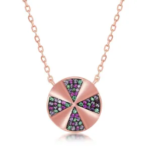 Sterling Silver Rose GP Rainbow CZ Designed Disc Necklace