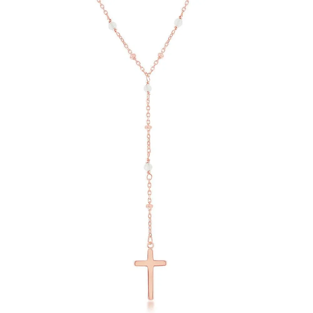 Sterling Silver Rose Quartz & Plain Beads Cross Rosary Necklace