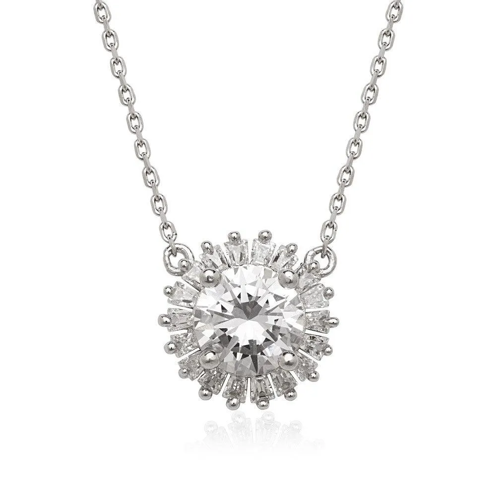 Sterling Silver Round CZ with Baguette Border Stud Necklace