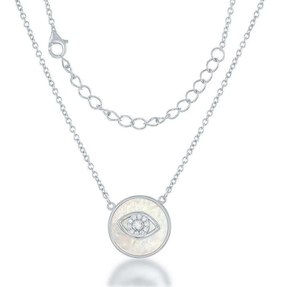 Sterling Silver Round MOP CZ Evil Eye Necklace