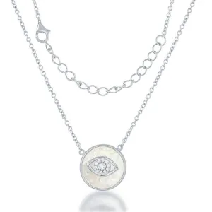 Sterling Silver Round MOP CZ Evil Eye Necklace