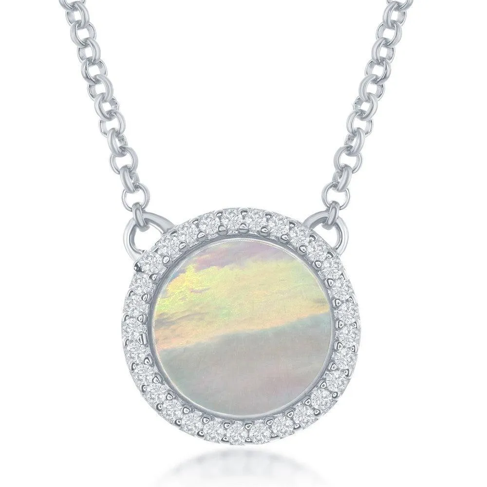 Sterling Silver Round MOP with CZ Border Necklace