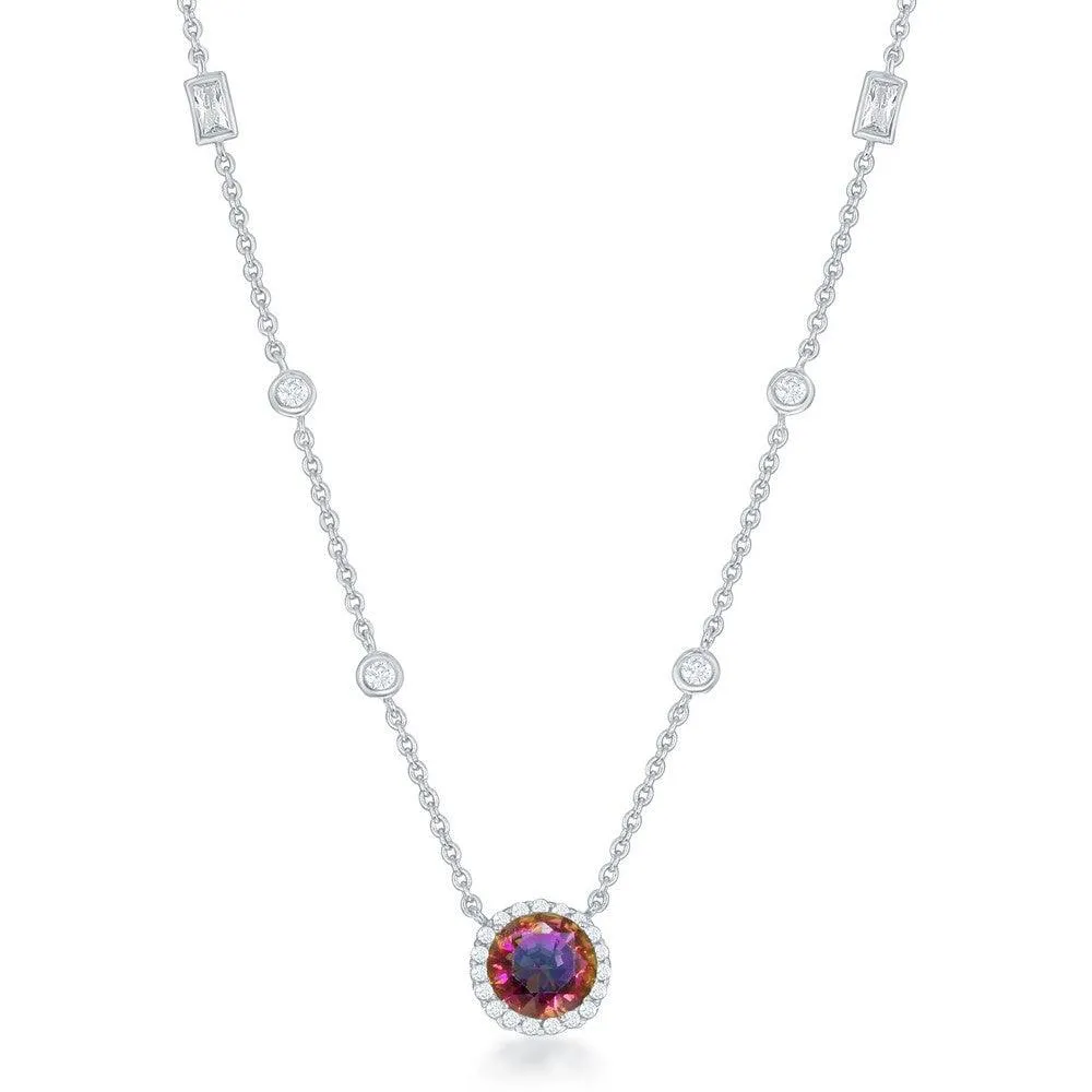 Sterling Silver Round Rainbow and Clear CZ Necklace