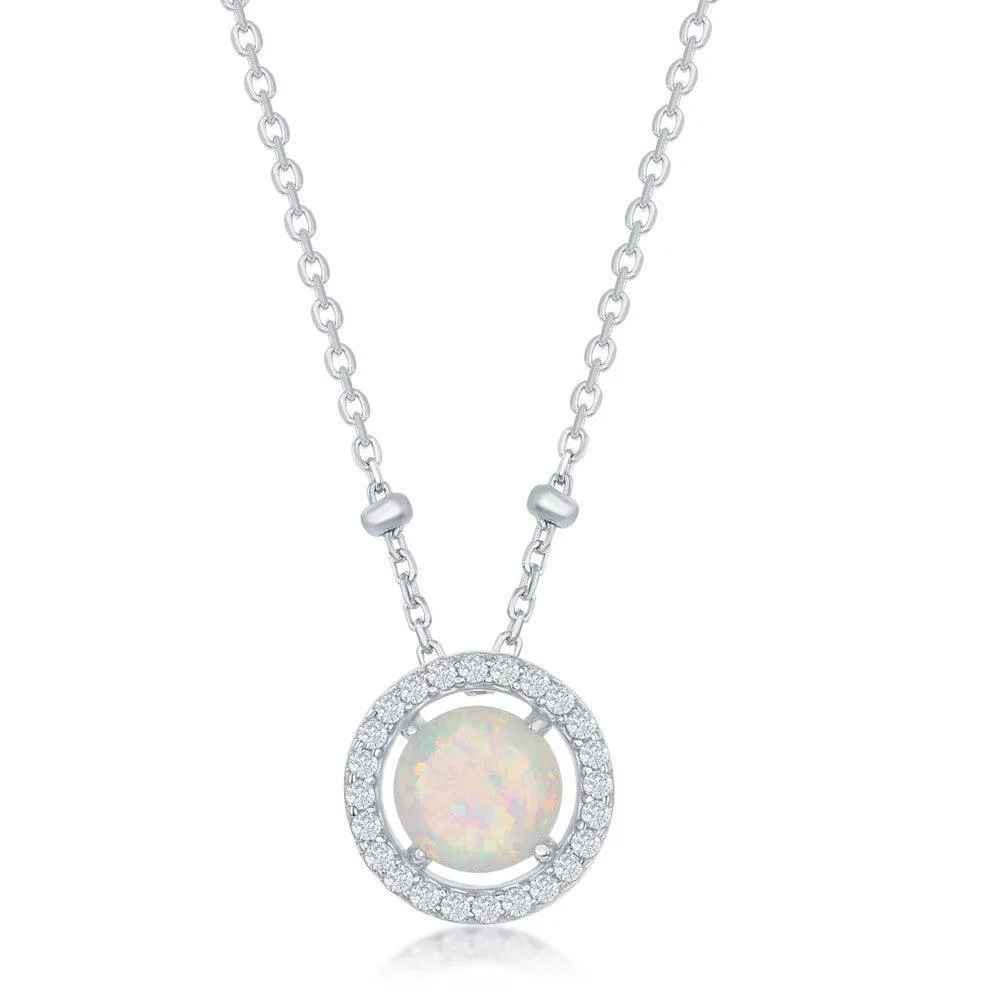 Sterling Silver Round White Opal with CZ Halo Beads Necklace