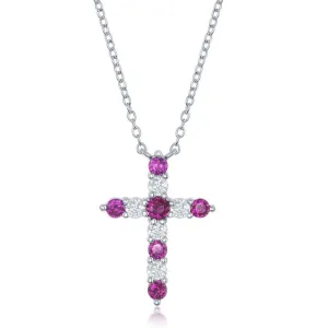 Sterling Silver Ruby CZ July Birthstone Cross Necklace