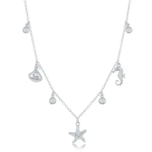 Sterling Silver Sea Shell, Starfish and Seahorse CZ's Necklace