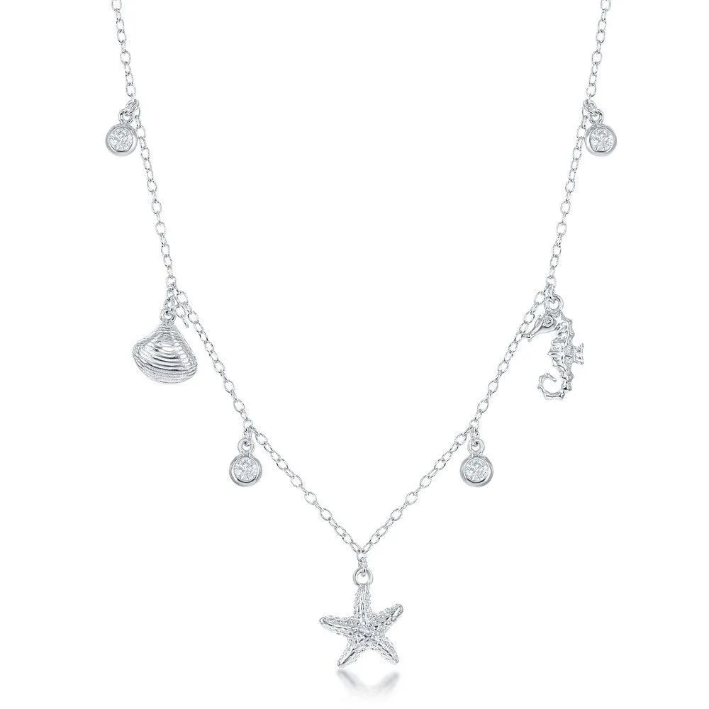Sterling Silver Sea Shell, Starfish and Seahorse CZ's Necklace