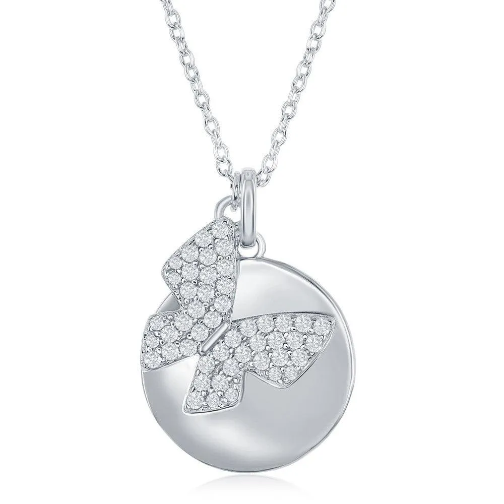 Sterling Silver Shiny Disc with Micro Pave Butterfly Necklace