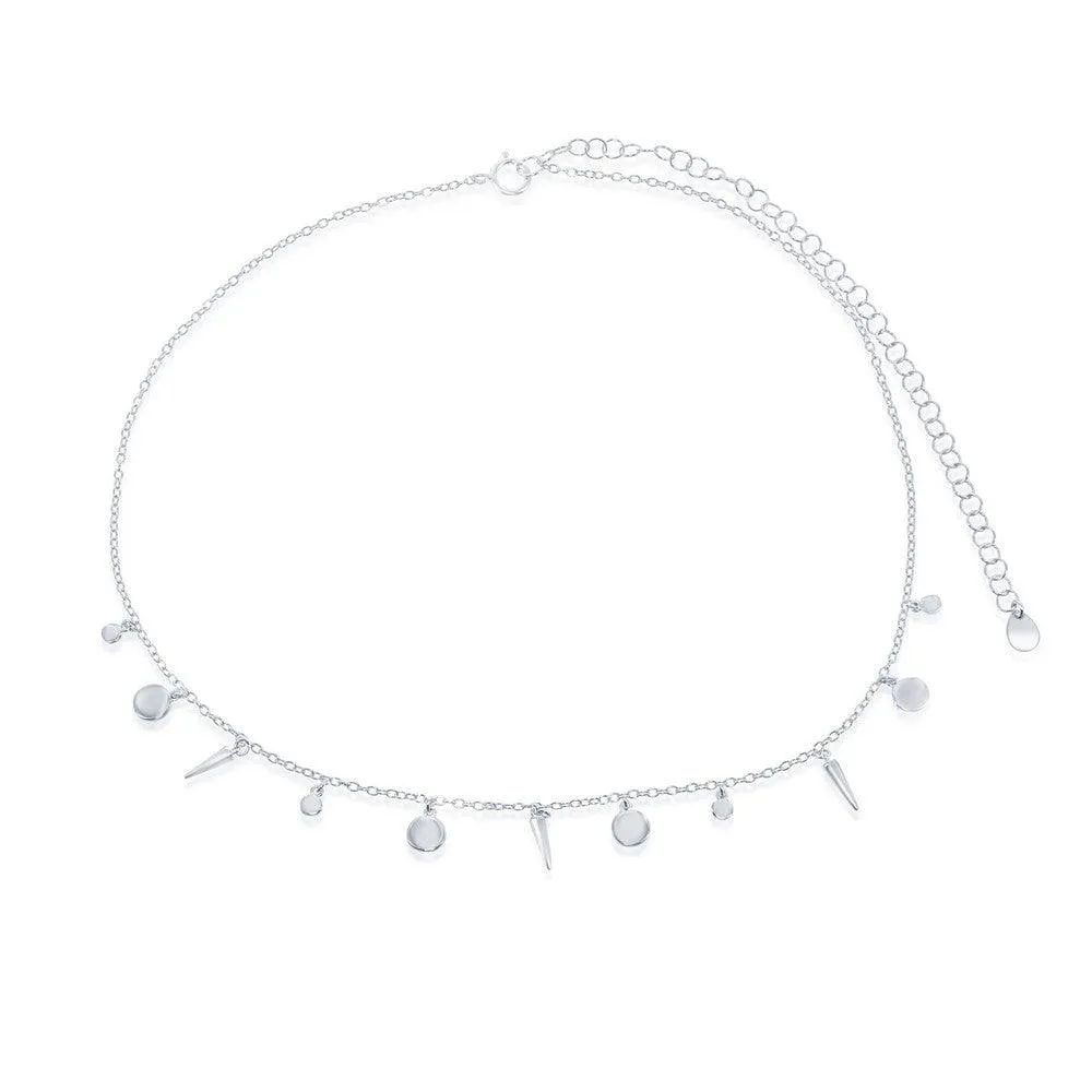 Sterling Silver Shiny Discs and Spikes Choker Necklace