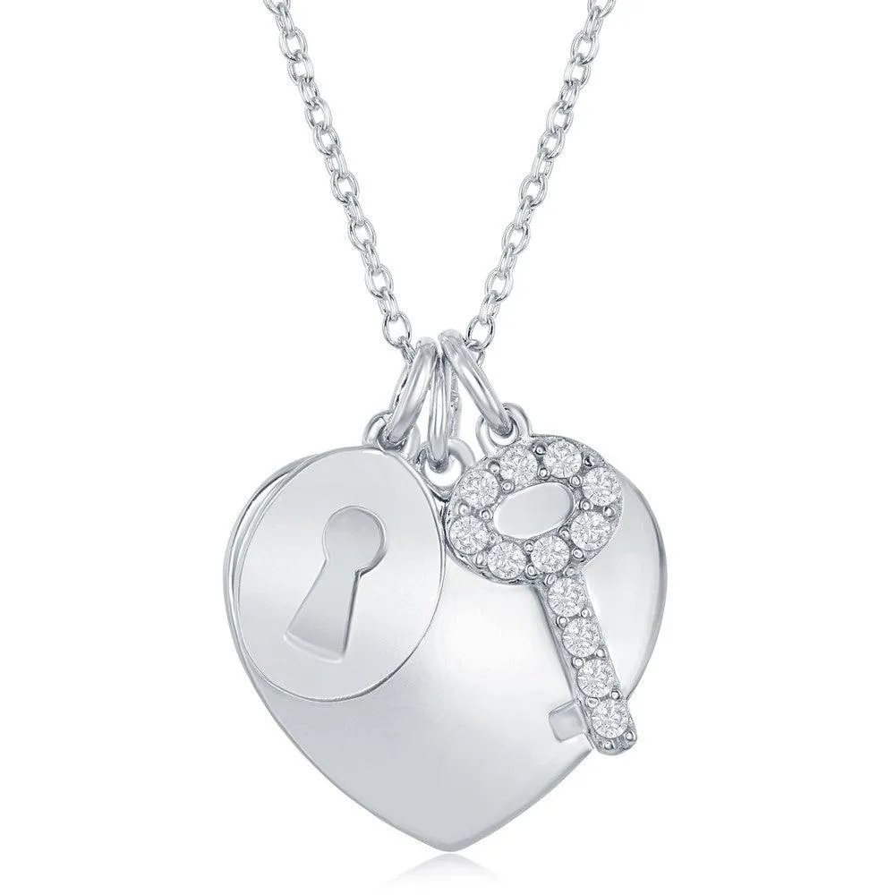 Sterling Silver Shiny Heart with CZ Lock and Key Necklace